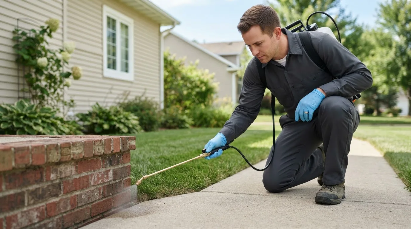 Pest control technician treating a home near Utica, MI